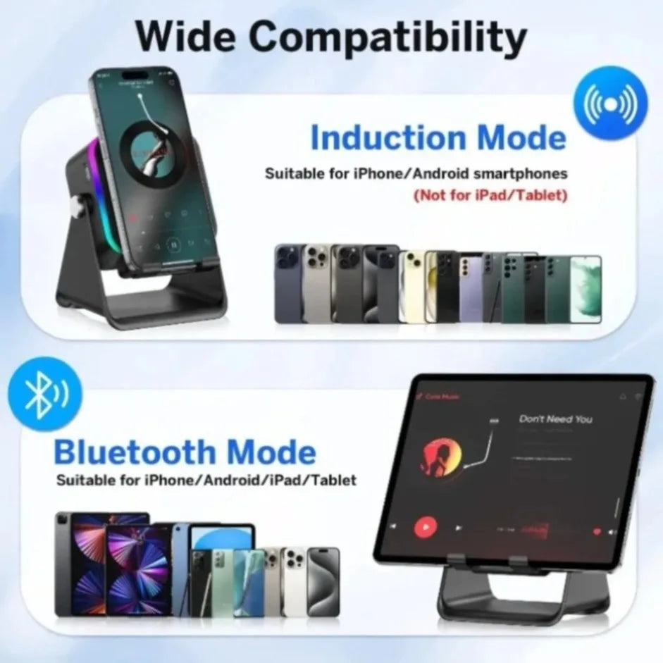 5 in 1 Auto-Induction Wireless Induction Speaker Portable Bluetooth Phone Holder 8 Mode RGB Light Phone Stand Surround Sound