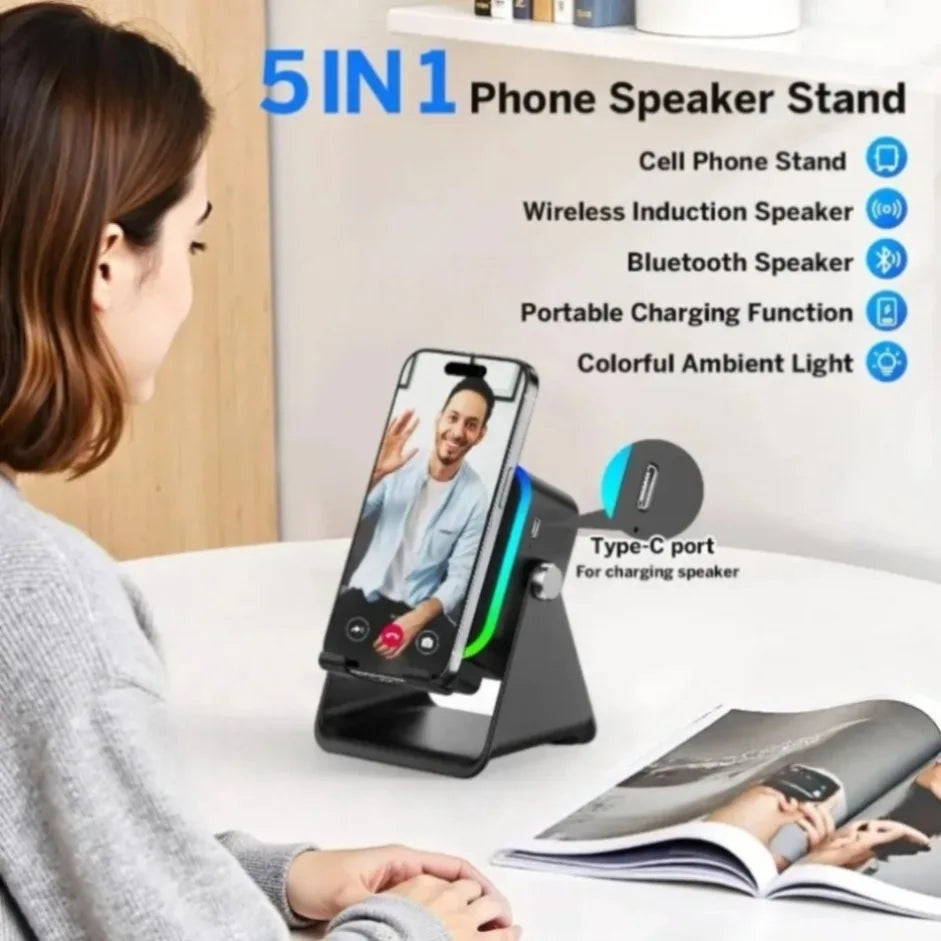 5 in 1 Auto-Induction Wireless Induction Speaker Portable Bluetooth Phone Holder 8 Mode RGB Light Phone Stand Surround Sound