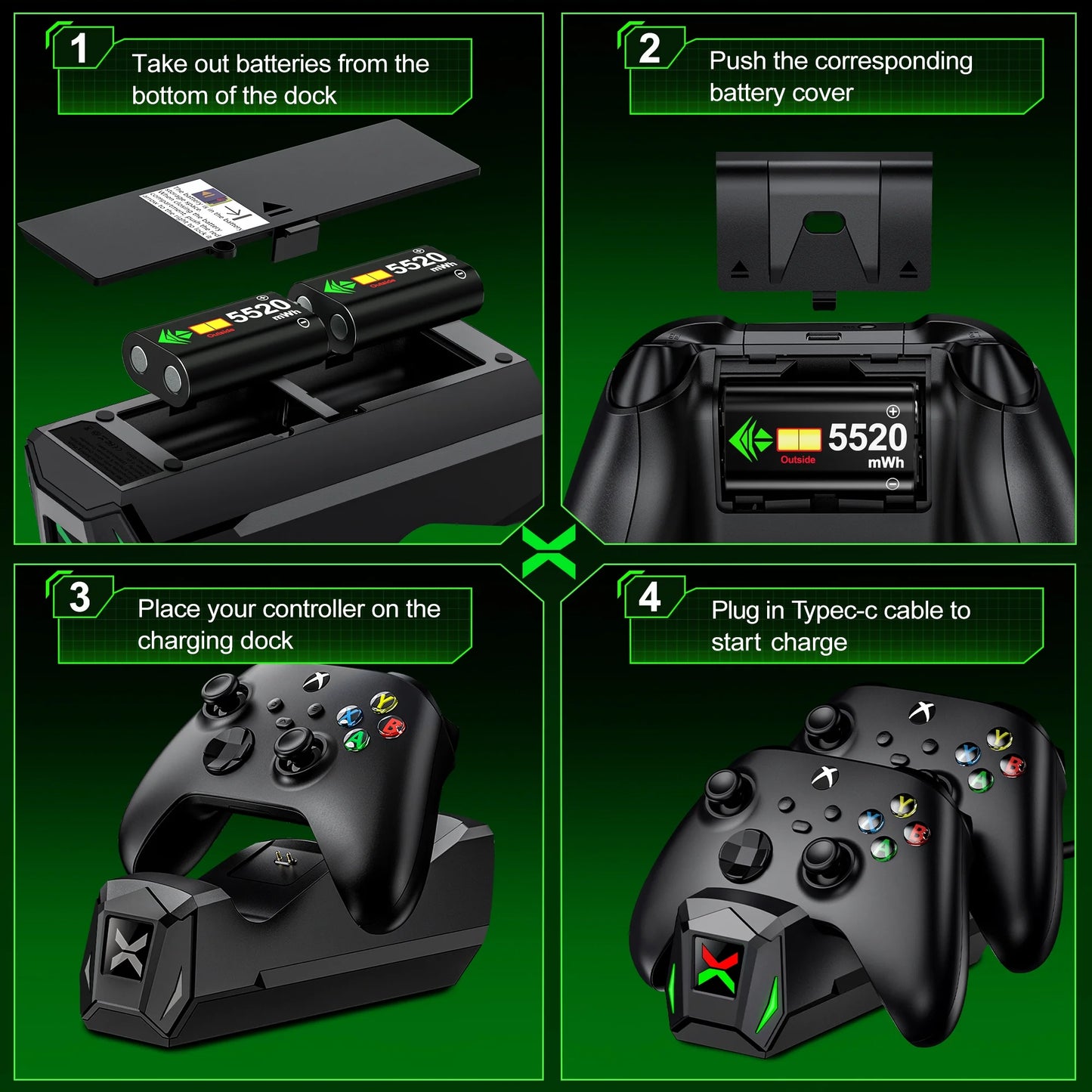 Dual Controller Charging Station with 2 Pack 5520Mwh Rechargeable Battery Packs Compatible with Xbox Series X|S Xbox One Xbox Elite Controller