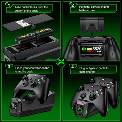 Dual Controller Charging Station with 2 Pack 5520Mwh Rechargeable Battery Packs Compatible with Xbox Series X|S Xbox One Xbox Elite Controller