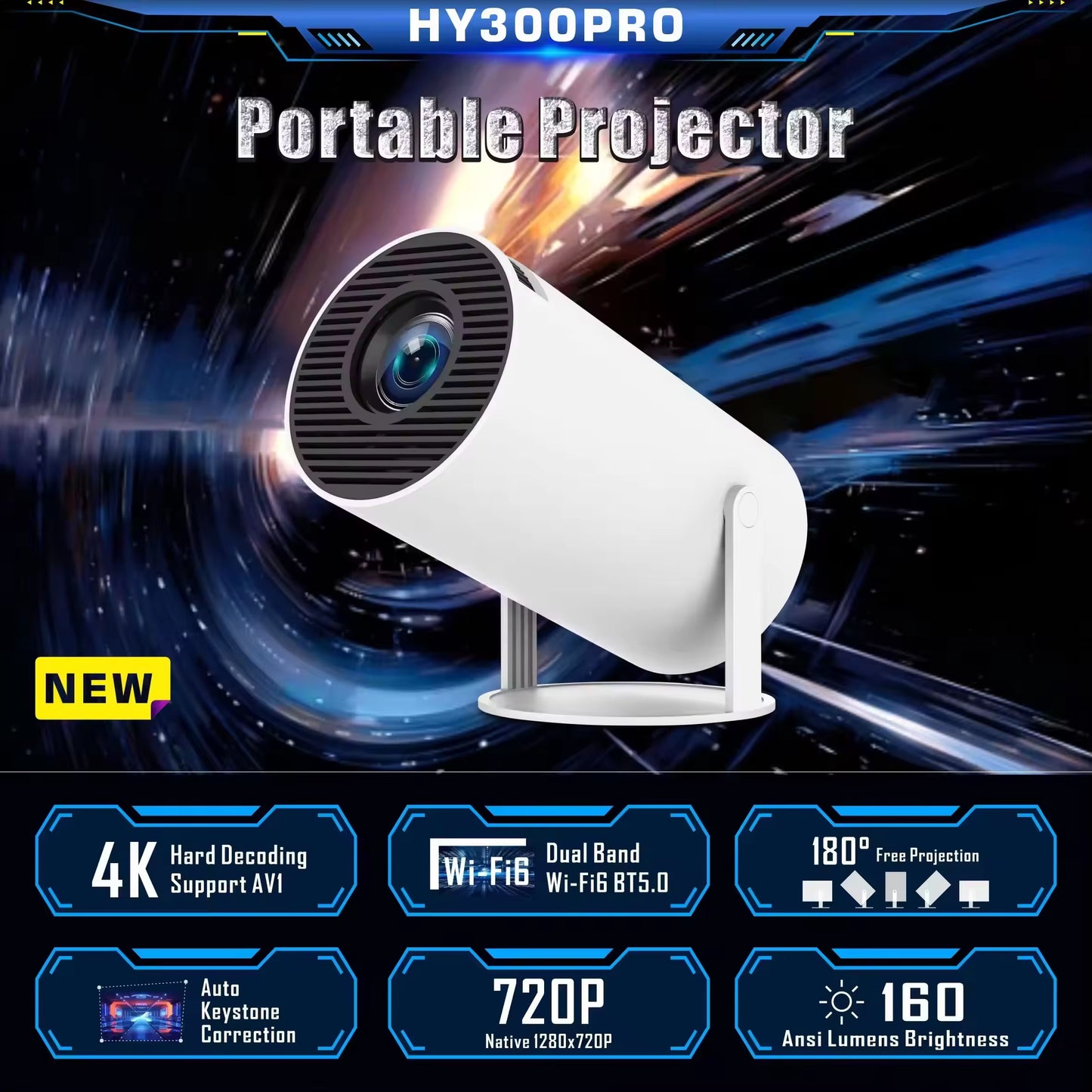 HYX Hot Sell Popular Projector HY300 Fast Wireless Connection 4K HD Home Theater Smart Screen Portable Projector 4K with USB