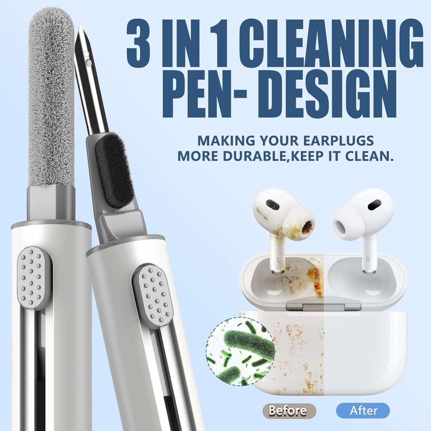Cleaner Kit for Airpods Pro 3 2 1 Series,Multi-Function Cleaning Pen Tool for Earbuds Headphone Iphone Camera Electronic Devices,With Soft Brush Flocking Sponge -White