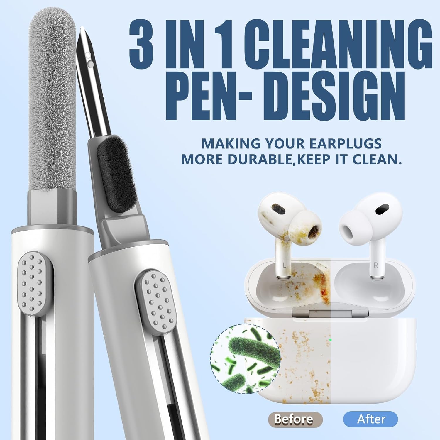 Cleaner Kit for Airpods Pro 3 2 1 Series,Multi-Function Cleaning Pen Tool for Earbuds Headphone Iphone Camera Electronic Devices,With Soft Brush Flocking Sponge -White